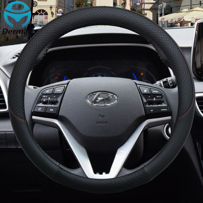 100% DERMAY Brand Leather Car Steering Wheel Cover Anti-slip for Hyundai i30 kona i10 i35 elantra santa fe Auto Accessories – Image 3